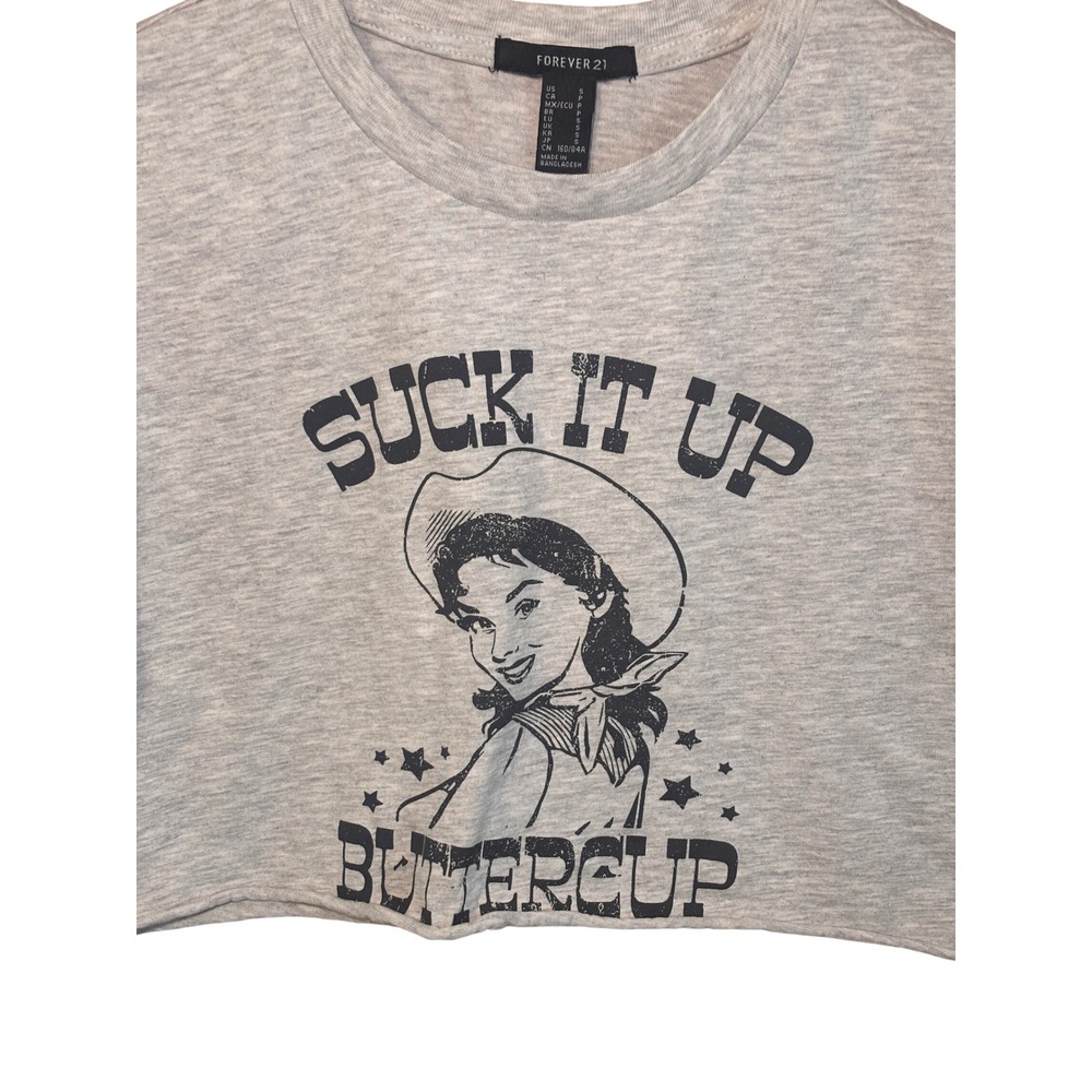 Forever 21 Womens Crop Top S Grey Suck It Up Buttercup Graphic Western Cowgirl - Picture 2 of 7